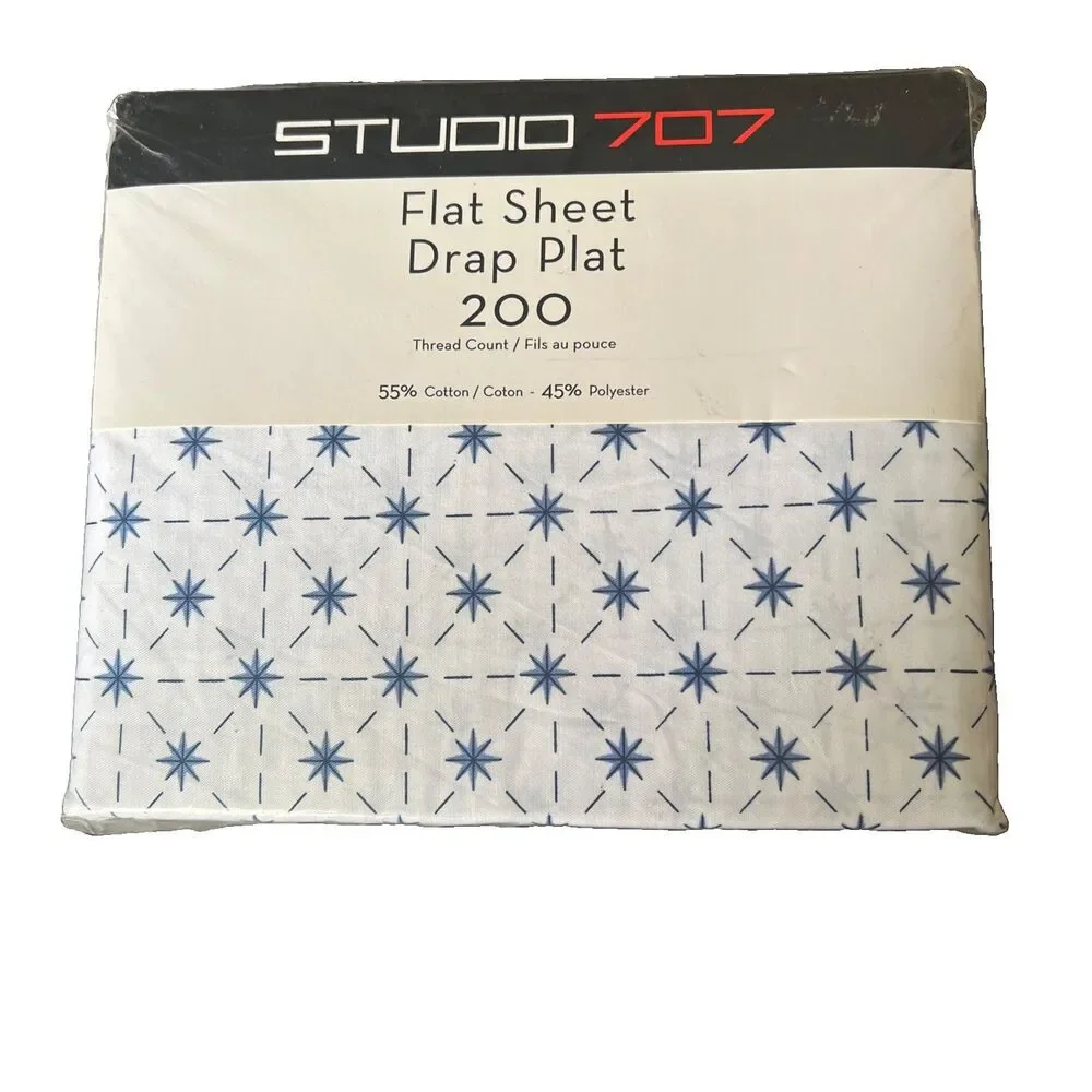 Vintage Studio 707 Twin Flat Sheet White Blue Atomic Pattern 200 Thread Ct New